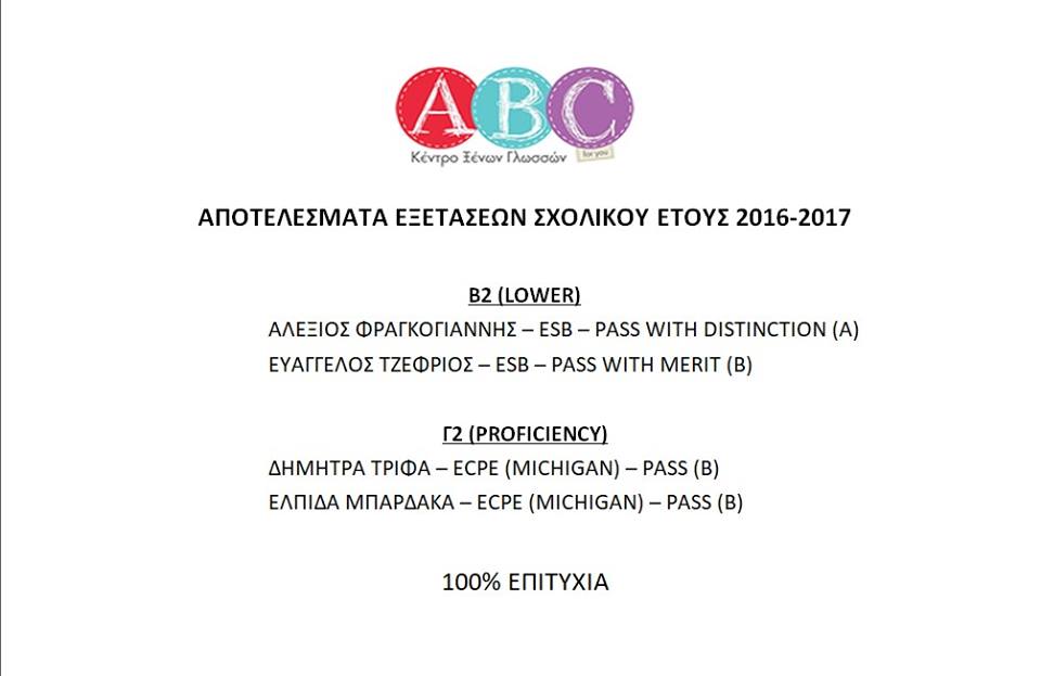 ΑΠΟΤΕΛΕΣΜΑΤΑ ΕΞΕΤΑΣΕΩΝ ΣΧΟΛΙΚΟΥ ΕΤΟΥΣ 2016-2017